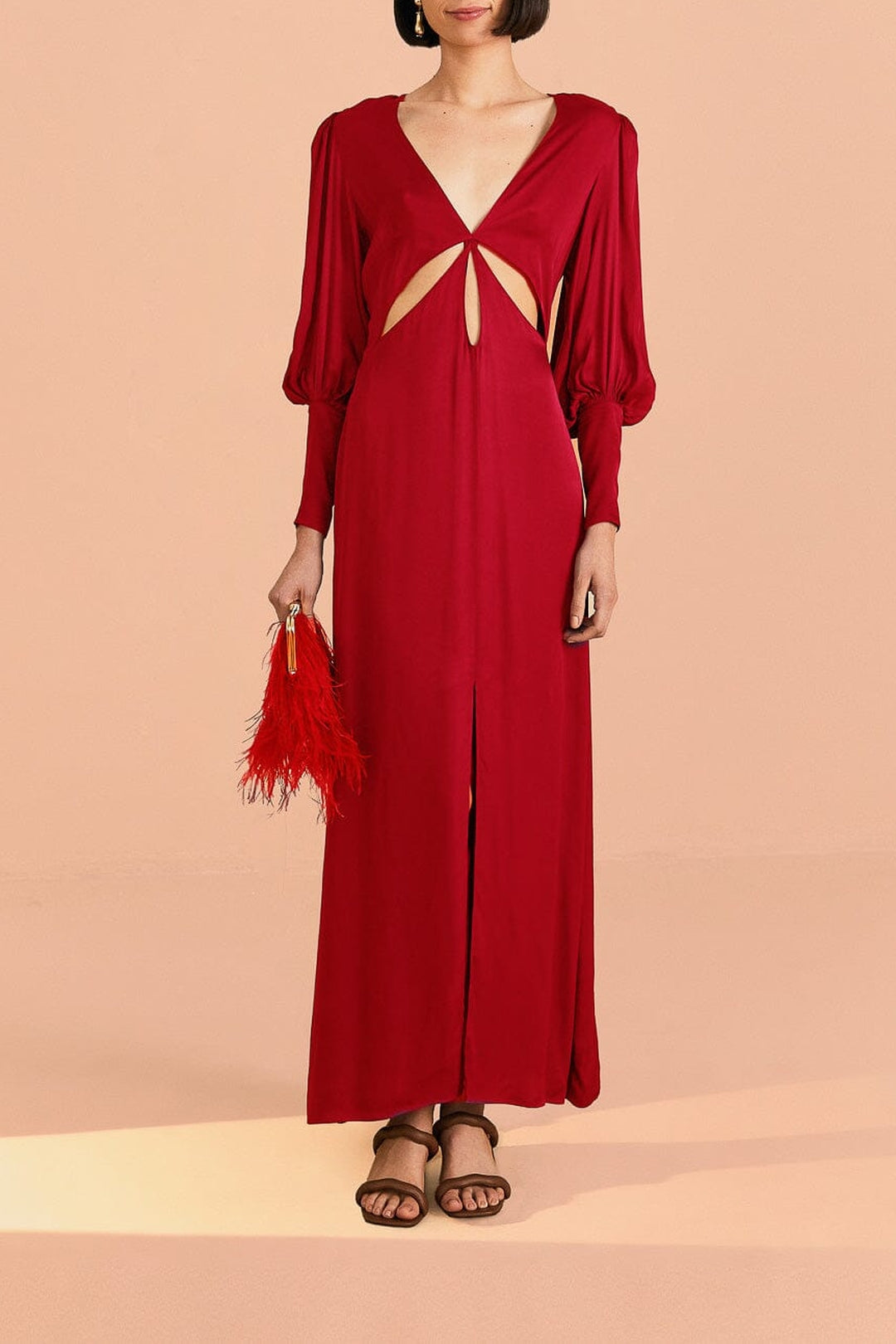 Robe longue à manches longues découpées - Rouge