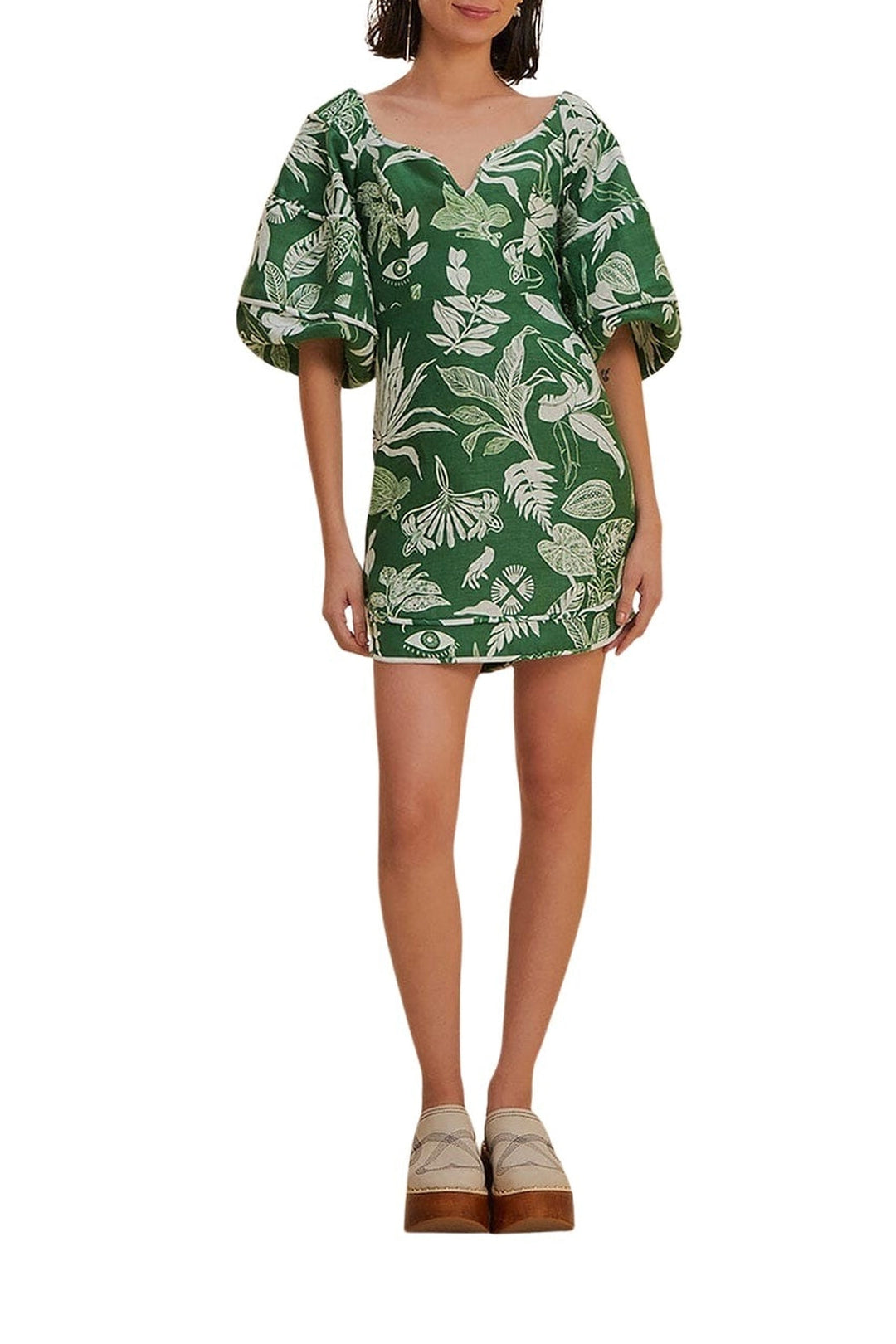 Robe courte Forêt Soul à manches courtes en lin - Vert