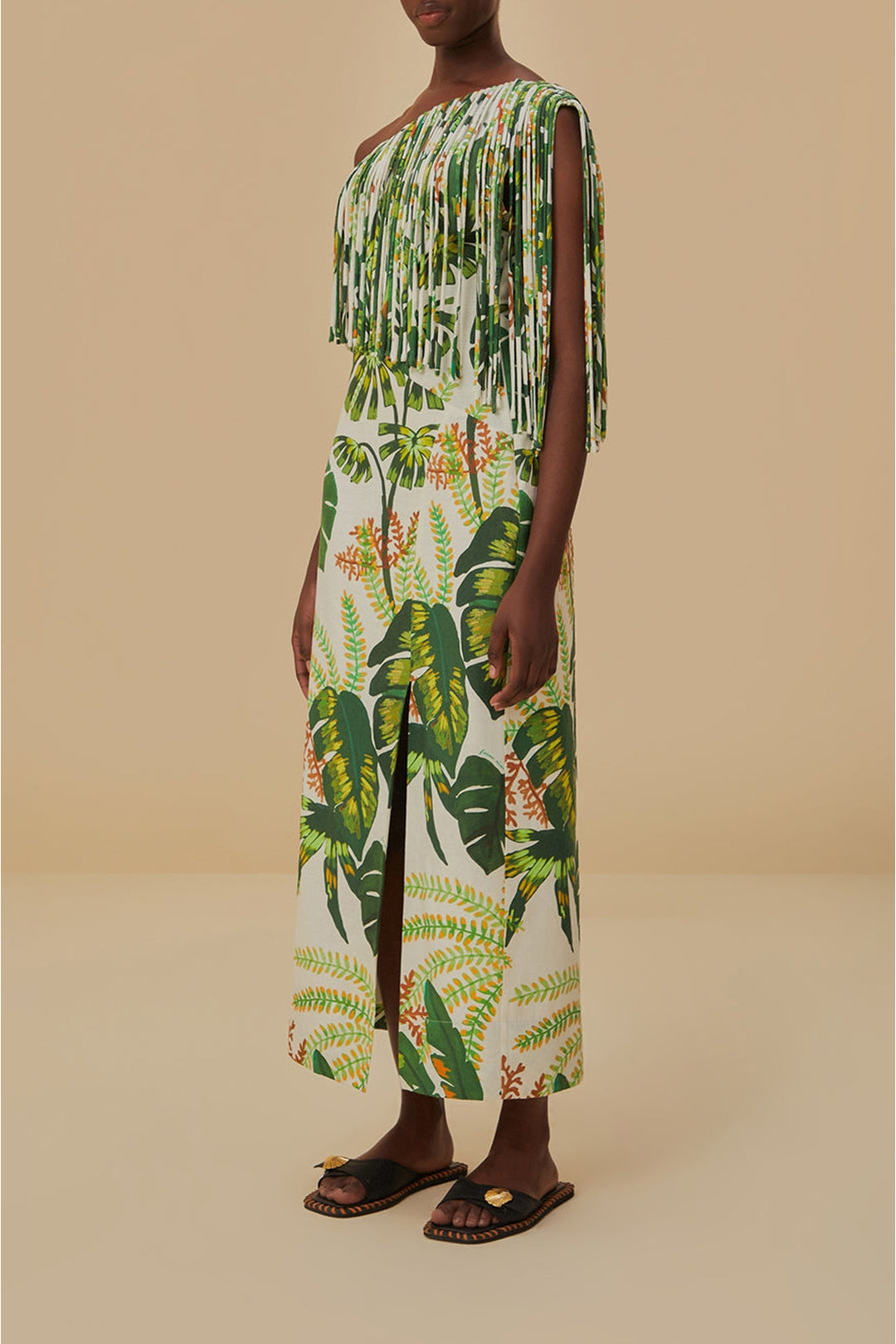 Robe longue à franges Tropical Forest en lin - Vert