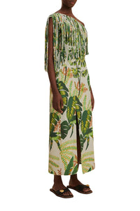 Robe longue à franges Tropical Forest en lin - Vert