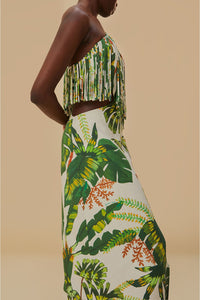 Robe longue à franges Tropical Forest en lin - Vert