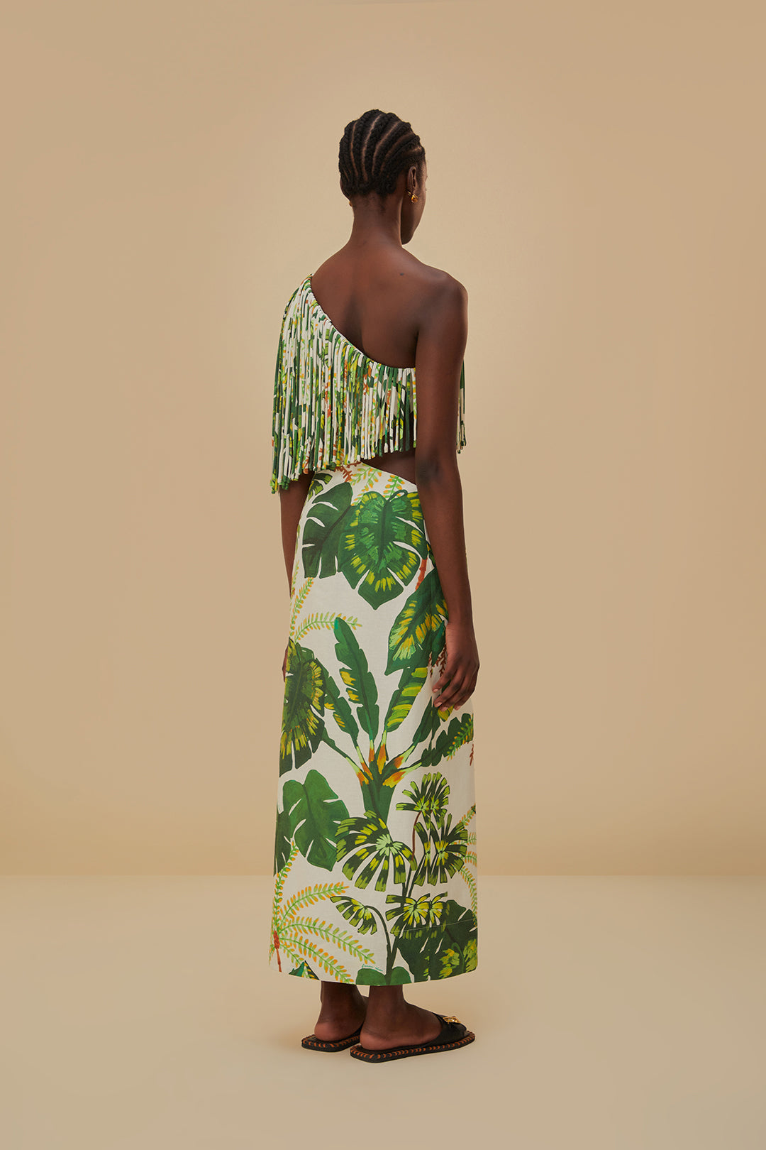 Robe longue à franges Tropical Forest en lin - Vert