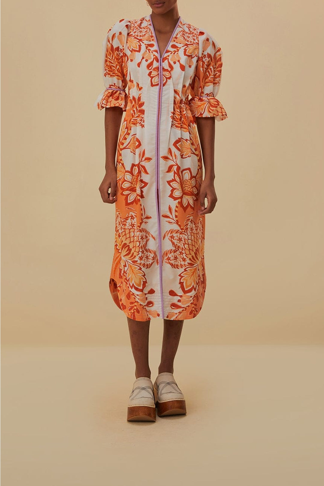 Robe midi à encolure en V en coton mélangé - Orange