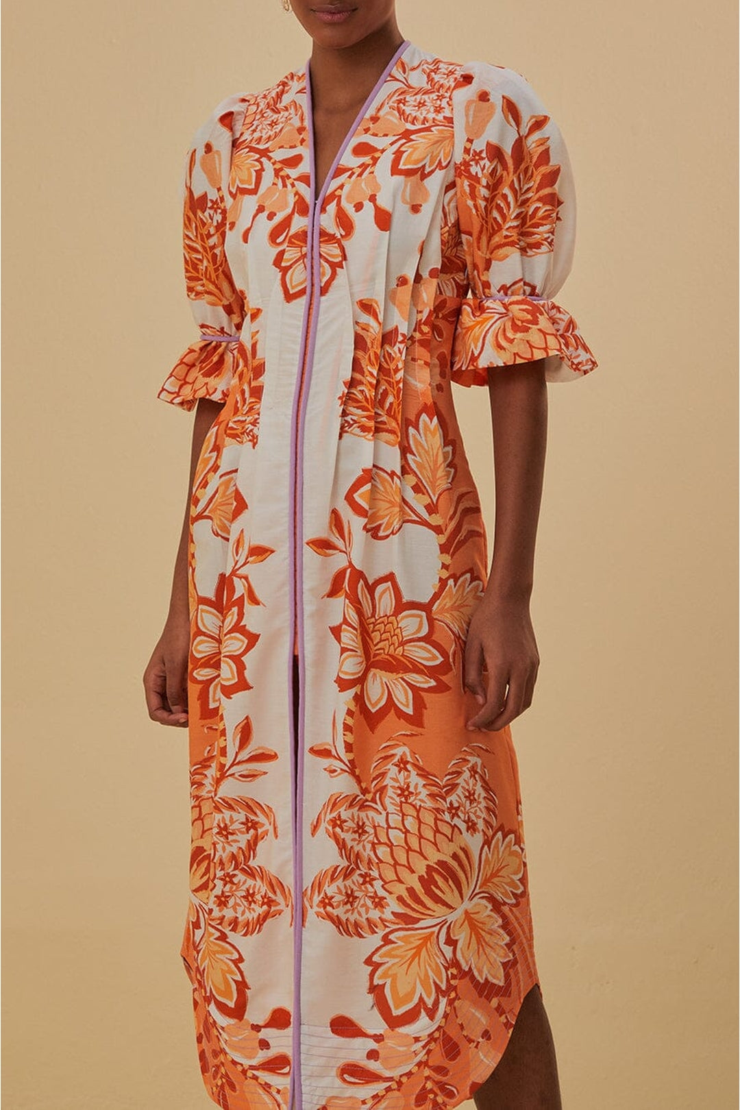 Robe midi à encolure en V en coton mélangé - Orange