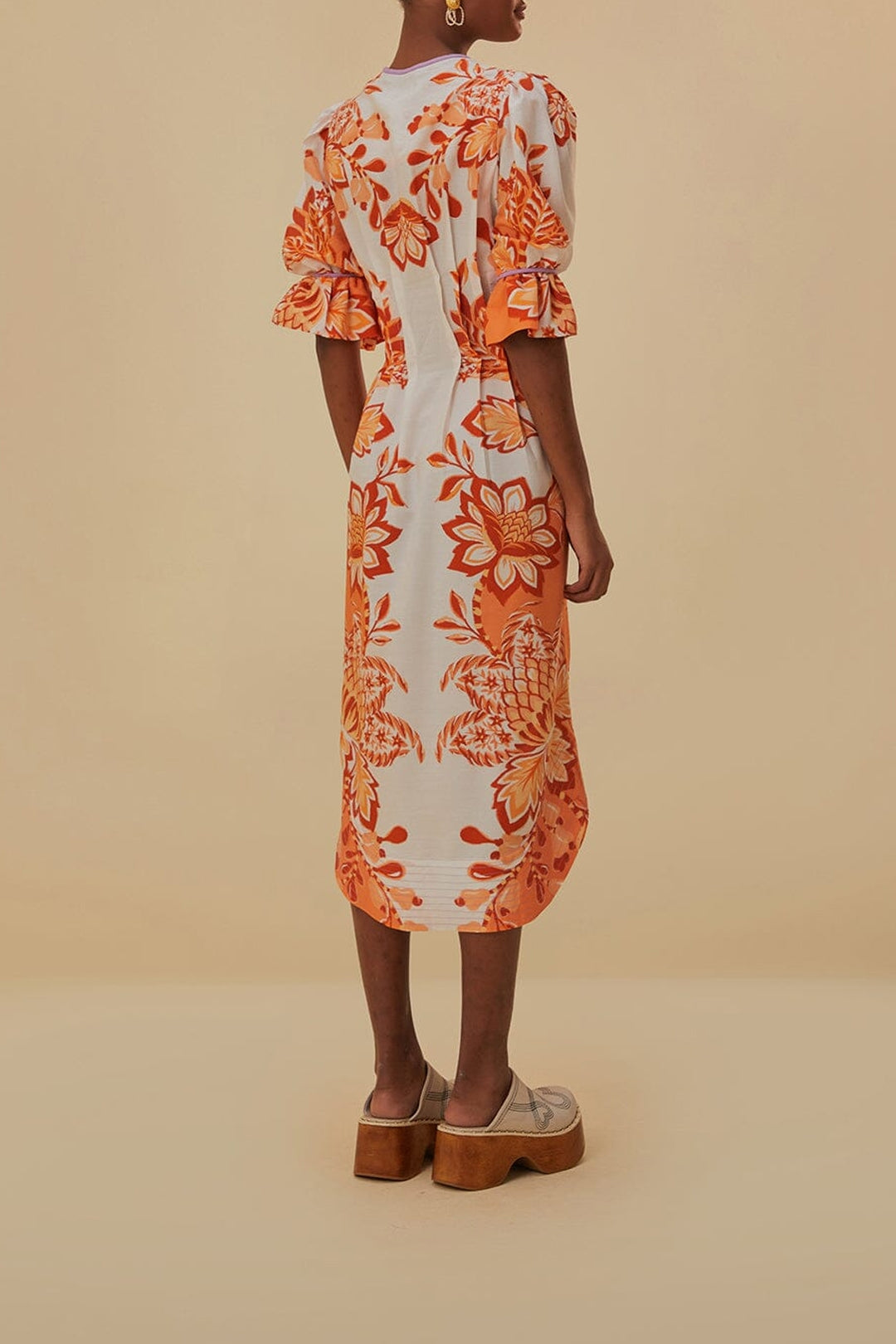 Robe midi à encolure en V en coton mélangé - Orange