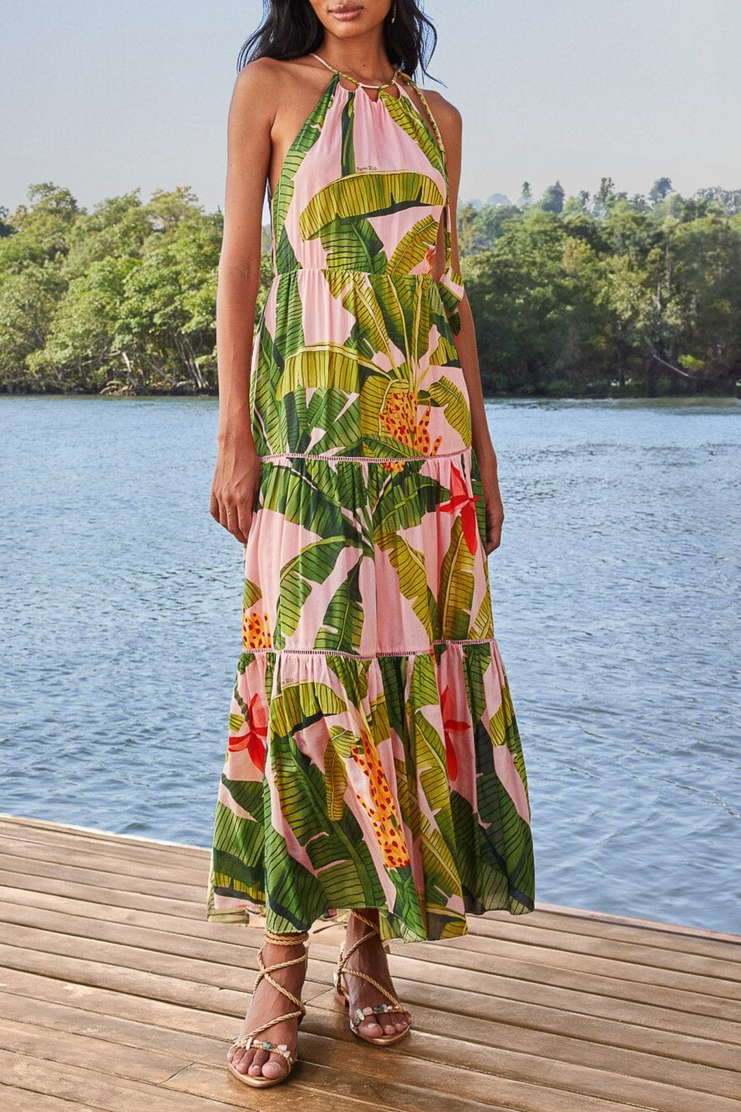 Robe longue Banana Leaves sans manches en coton - Vert