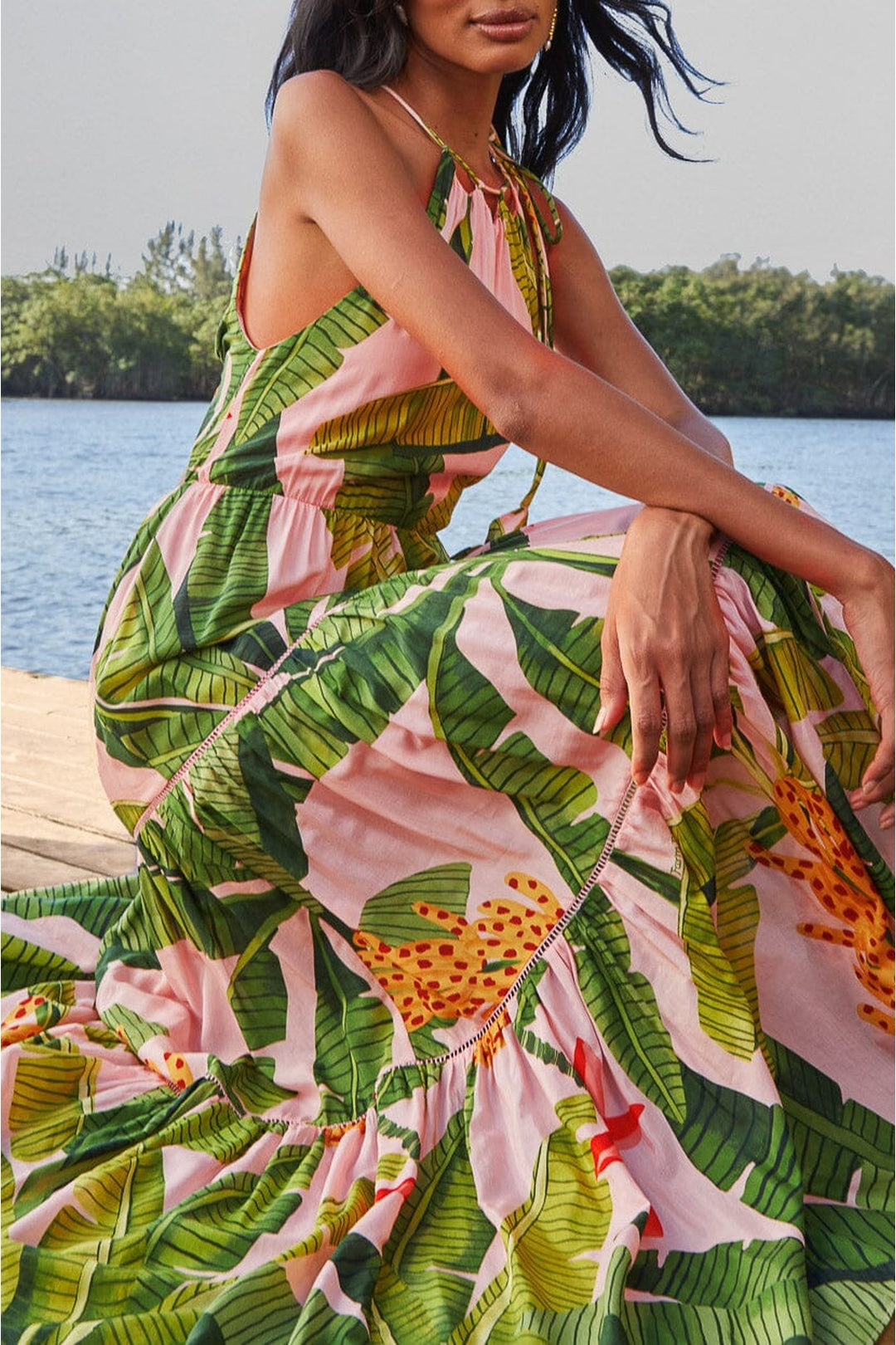 Robe longue Banana Leaves sans manches en coton - Vert