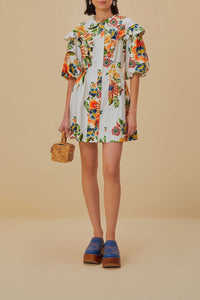Robe courte Delicate Garden à manches courtes en coton - Blanc