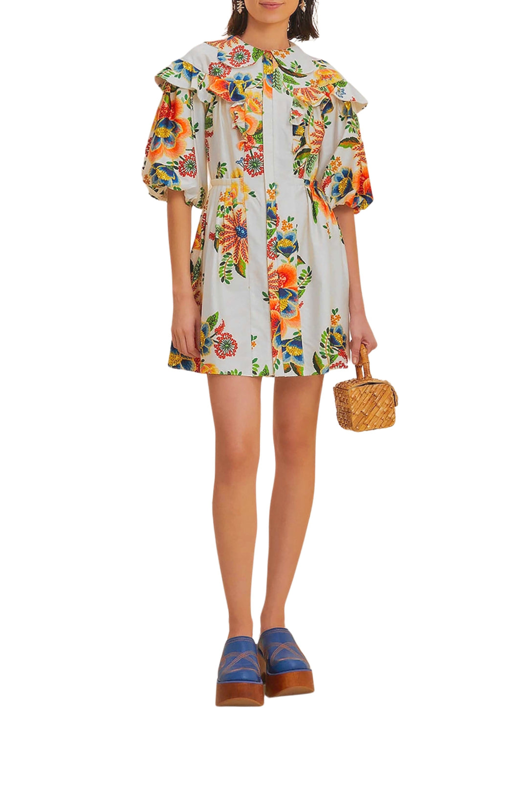 Robe courte Delicate Garden à manches courtes en coton - Blanc