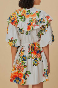 Robe courte Delicate Garden à manches courtes en coton - Blanc