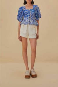 Blouse Tile Dream à manches courtes en coton - Bleu