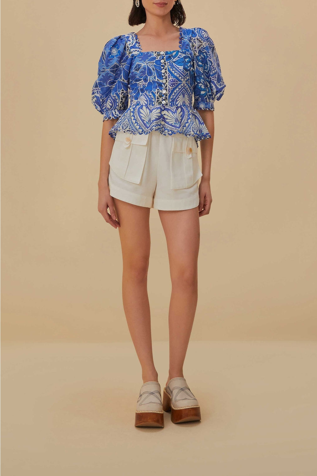 Blouse Tile Dream à manches courtes en coton - Bleu