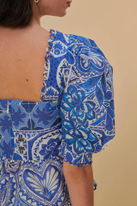 Blouse Tile Dream à manches courtes en coton - Bleu