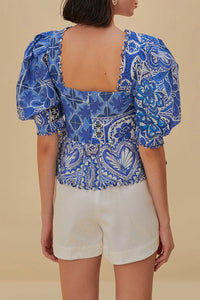 Blouse Tile Dream à manches courtes en coton - Bleu