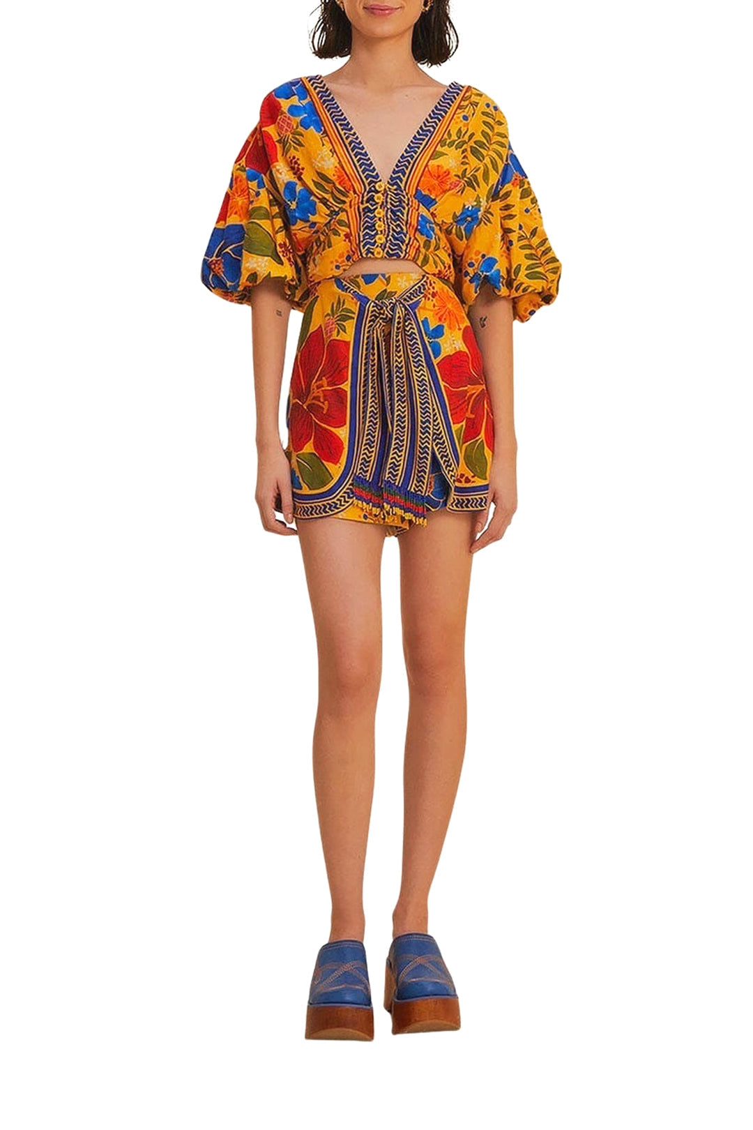 Blouse courte Floral Yard à manches bouffantes en lin - Jaune