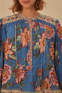 Blouse Wonderful Bouquet à manches longues en coton - Bleu