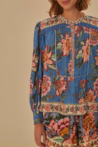 Blouse Wonderful Bouquet à manches longues en coton - Bleu