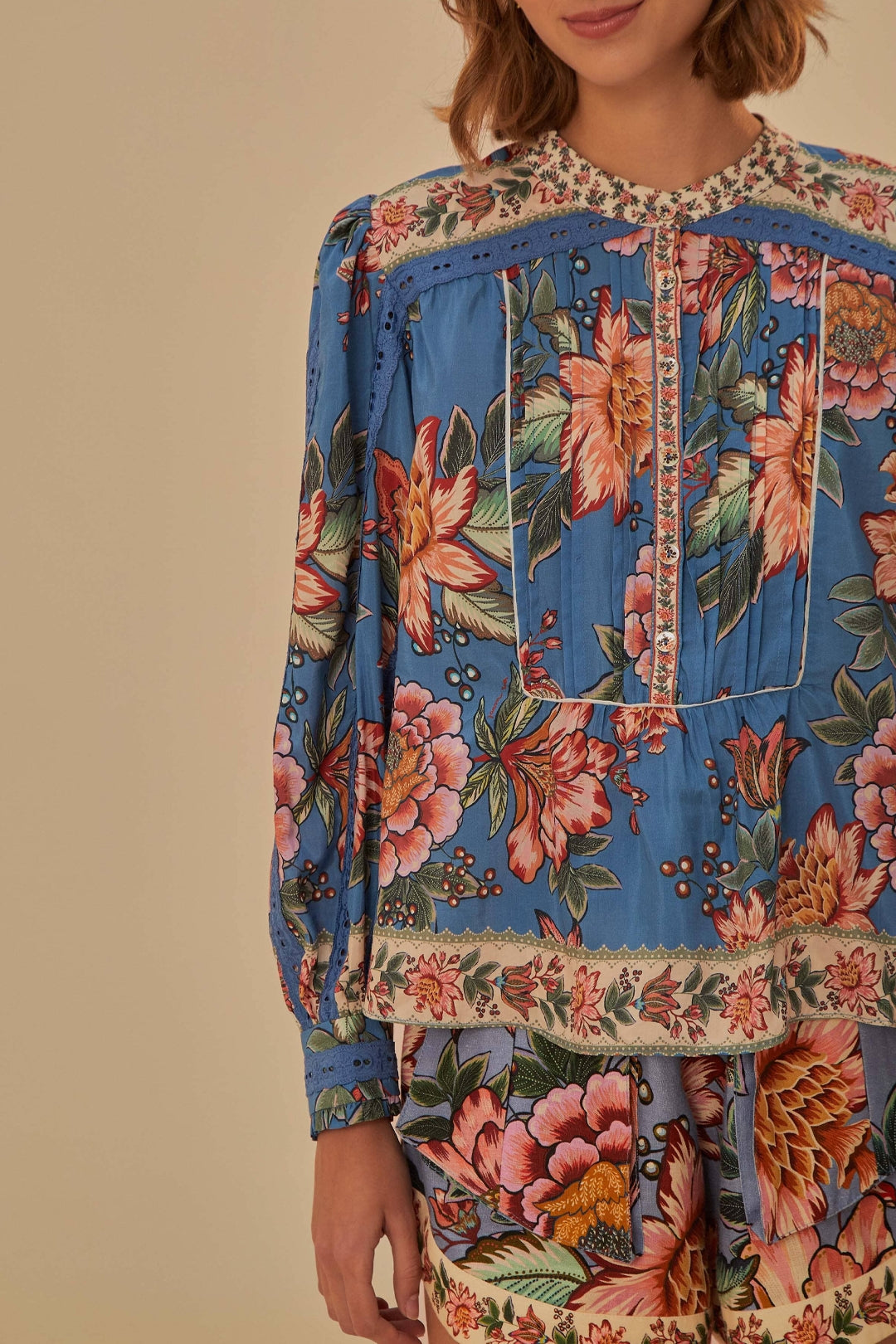 Blouse Wonderful Bouquet à manches longues en coton - Bleu