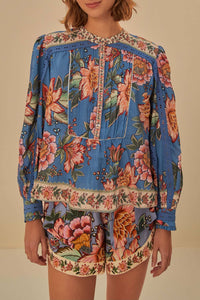 Blouse Wonderful Bouquet à manches longues en coton - Bleu