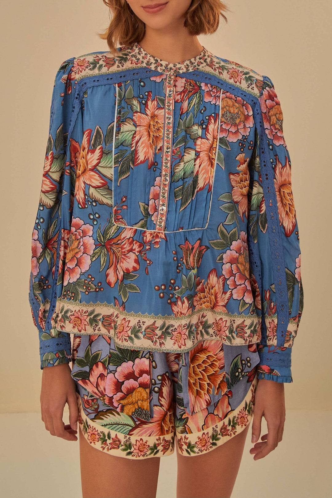 Blouse Wonderful Bouquet à manches longues en coton - Bleu