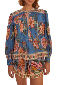 Blouse Wonderful Bouquet à manches longues en coton - Bleu