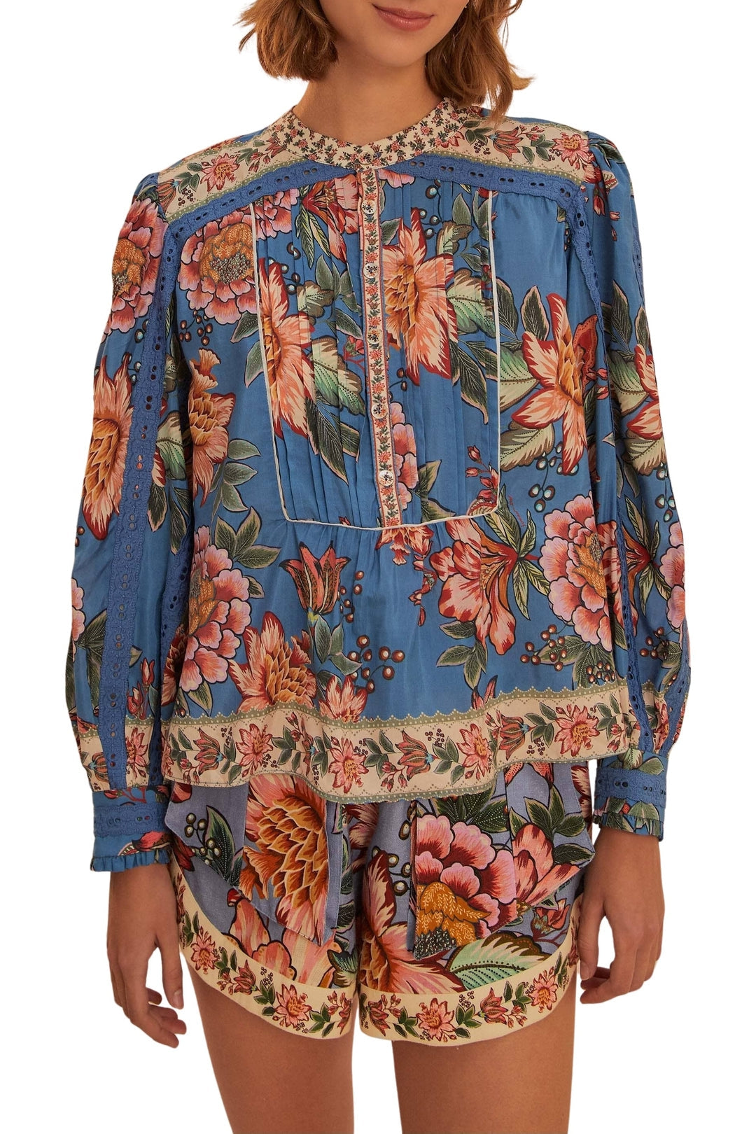 Blouse Wonderful Bouquet à manches longues en coton - Bleu