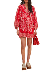 Robe courte Flora à manches longues en lin - Rouge