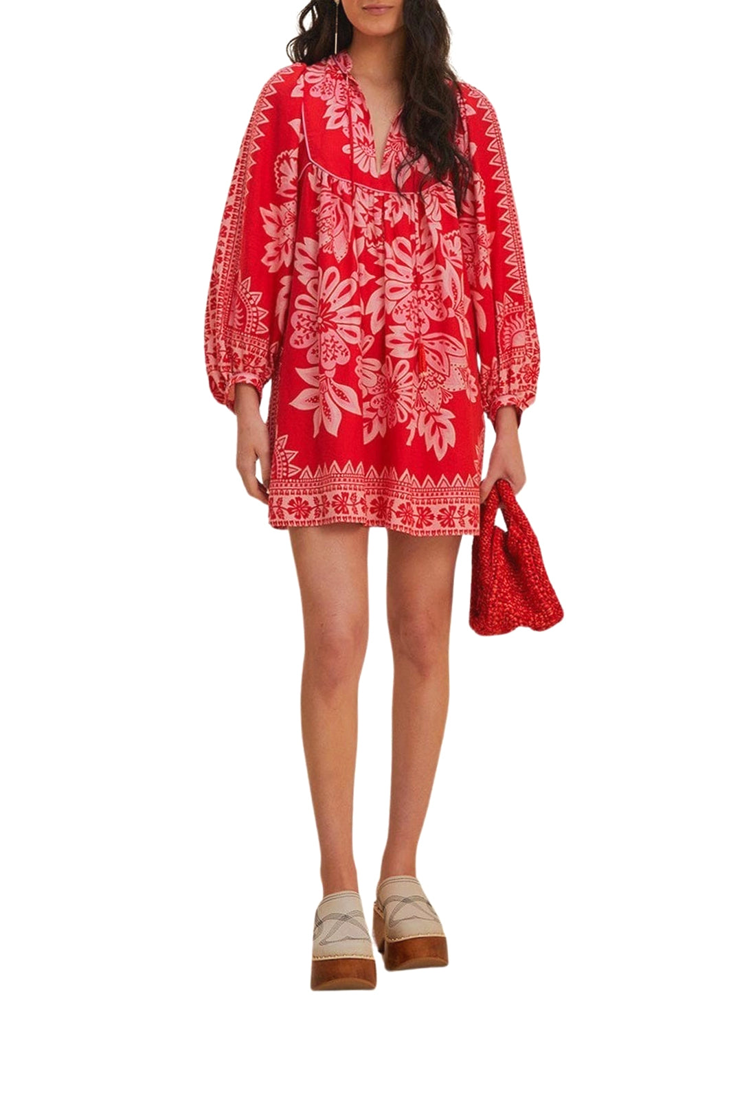 Robe courte Flora à manches longues en lin - Rouge