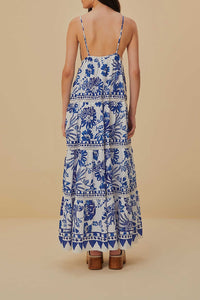 Robe longue Flowerful Birds en coton - Bleu