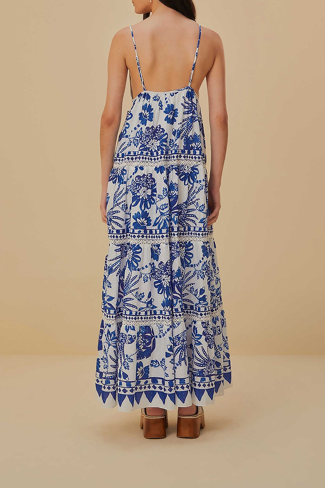 Robe longue Flowerful Birds en coton - Bleu