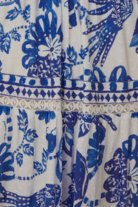 Robe longue Flowerful Birds en coton - Bleu