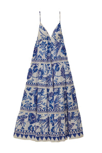 Robe longue Flowerful Birds en coton - Bleu