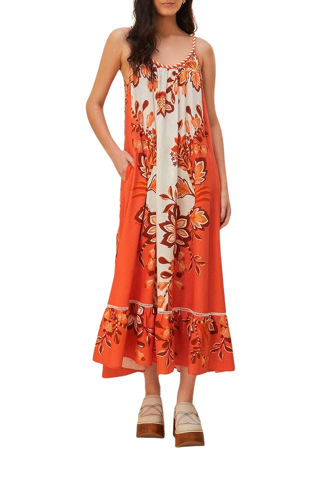 Robe longue Aura à col V en lin - Rouge