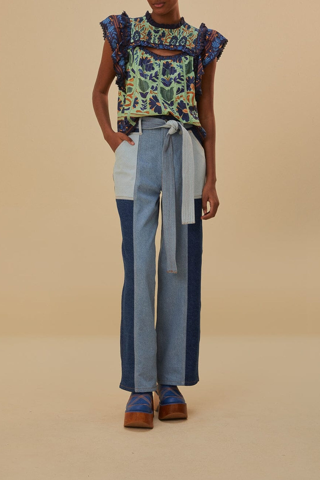 Pantalon Tie Waist Patch en denim - Bleu