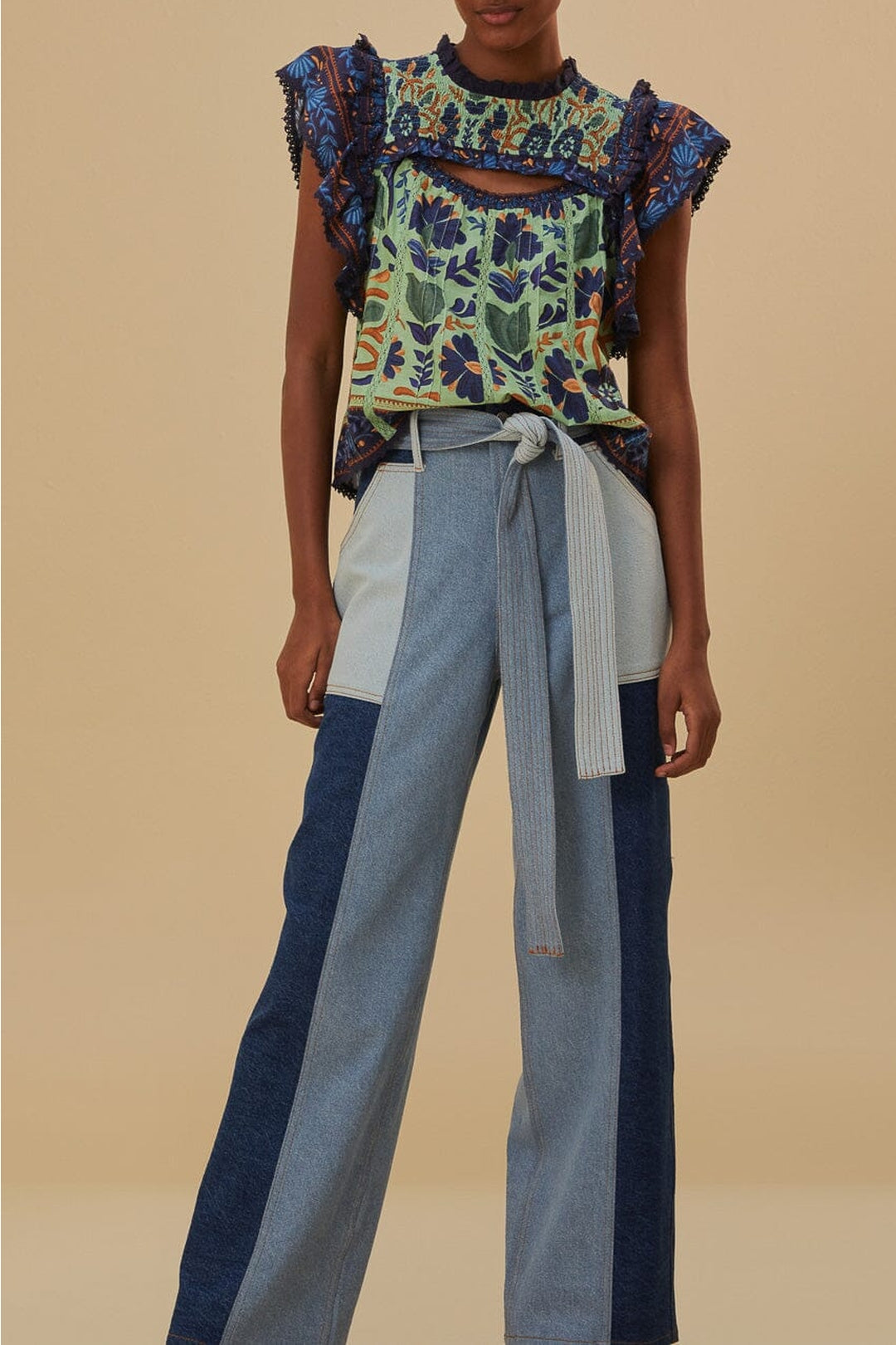 Pantalon Tie Waist Patch en denim - Bleu