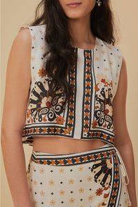 Blouse courte Eventail de fleurs en lin - Blanc