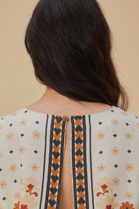 Blouse courte Eventail de fleurs en lin - Blanc