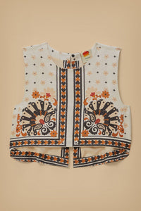 Blouse courte Eventail de fleurs en lin - Blanc