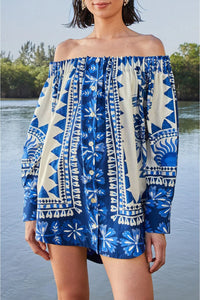 Robe courte Flora Tapestry à manches longues en coton - Bleu