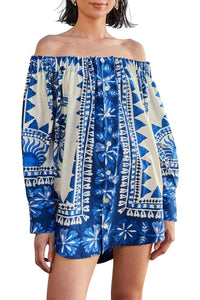 Robe courte Flora Tapestry à manches longues en coton - Bleu