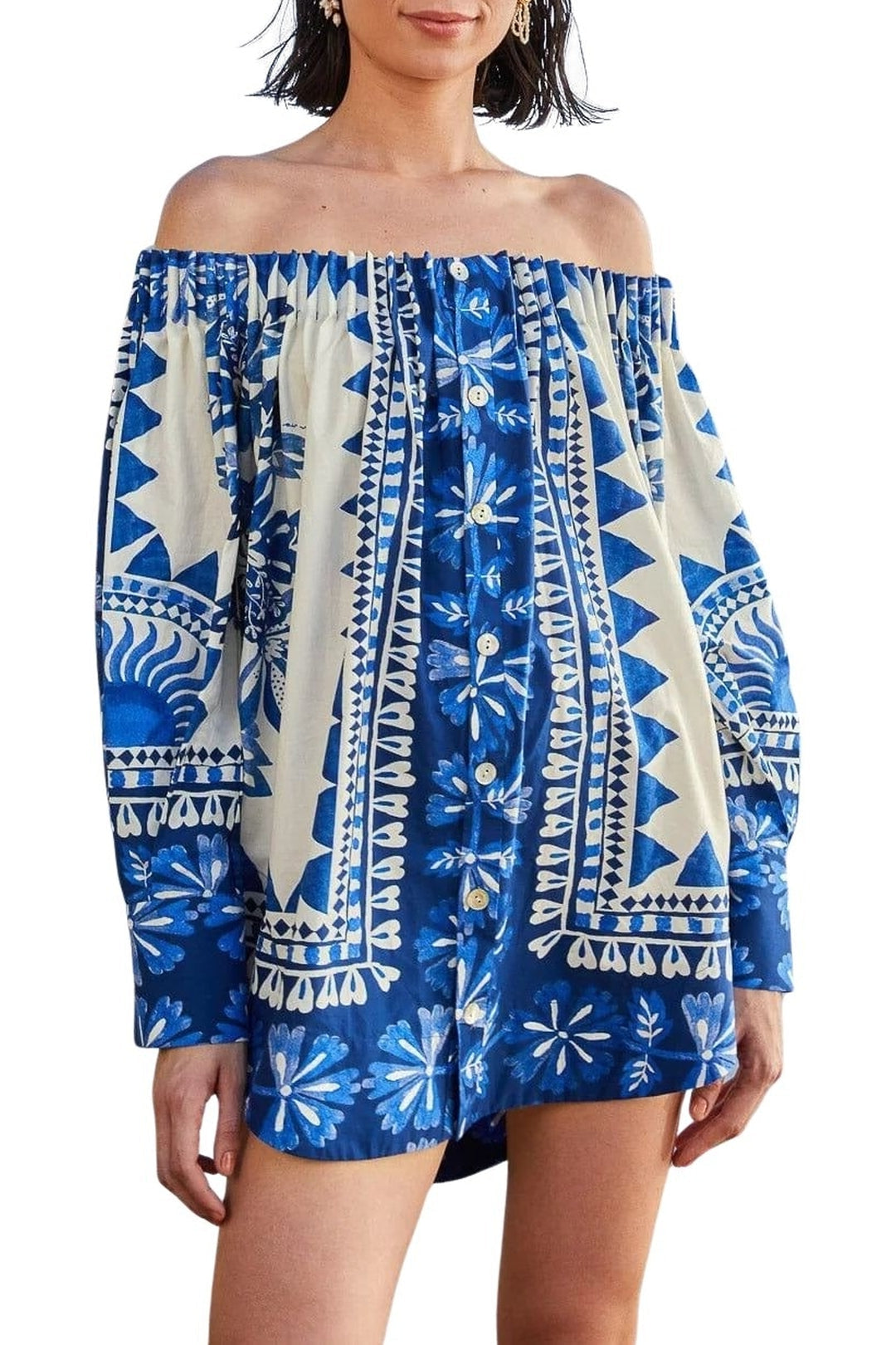 Robe courte Flora Tapestry à manches longues en coton - Bleu
