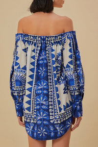 Robe courte Flora Tapestry à manches longues en coton - Bleu