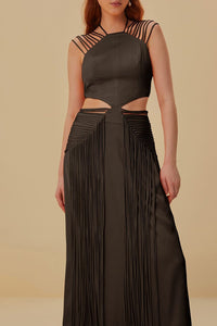 Robe midi sans manches à franges - Marron