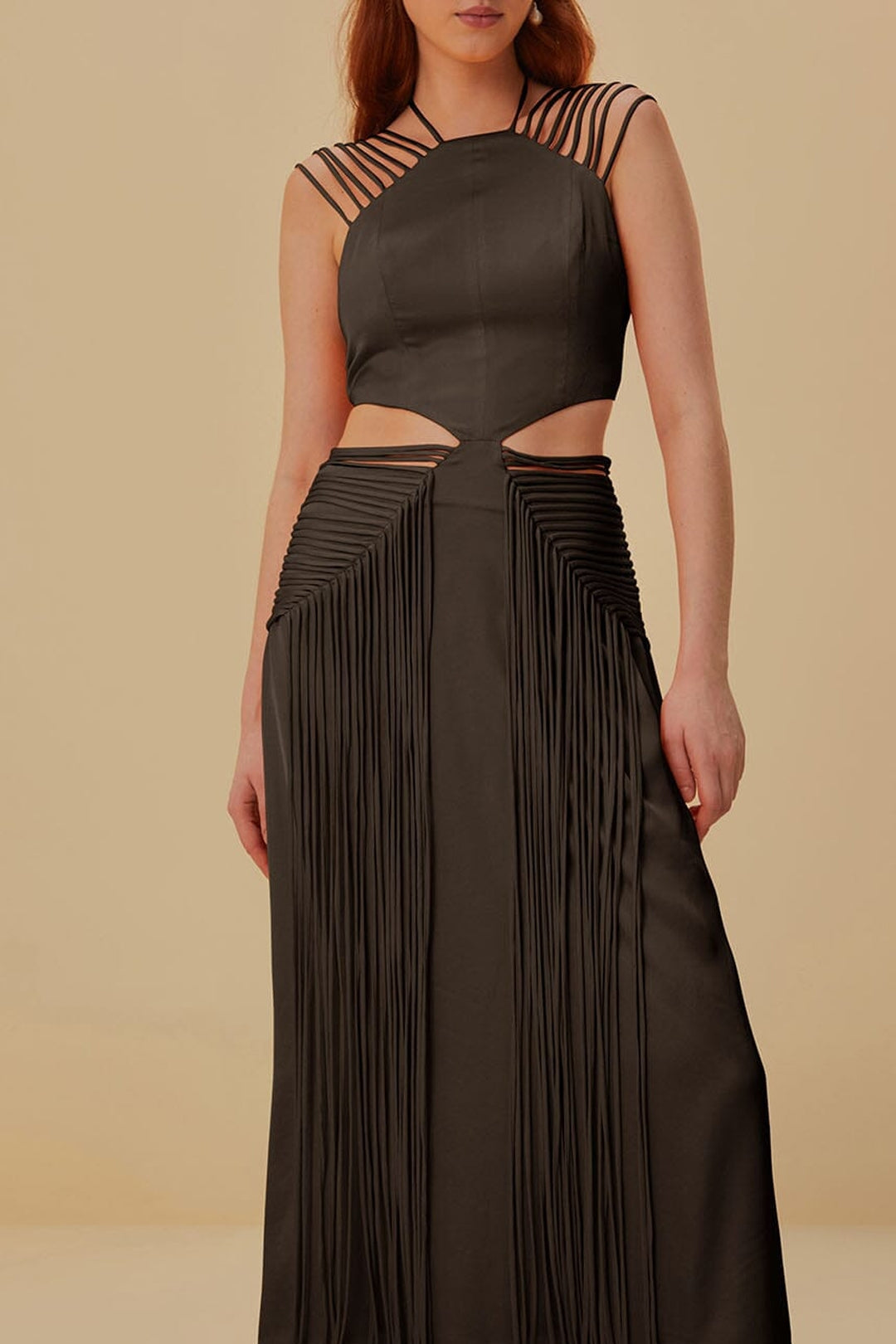 Robe midi sans manches à franges - Marron