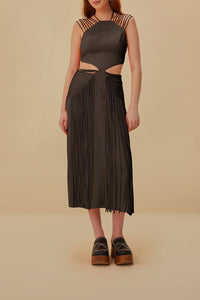 Robe midi sans manches à franges - Marron