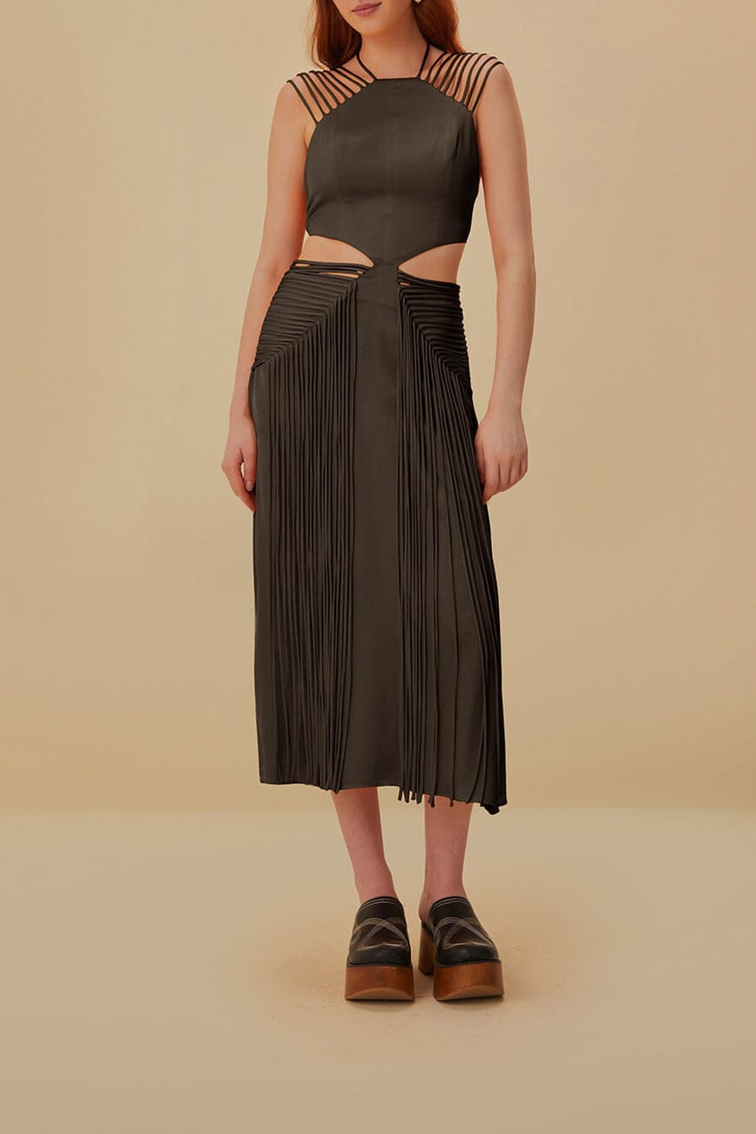 Robe midi sans manches à franges - Marron