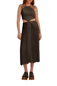 Robe midi sans manches à franges - Marron
