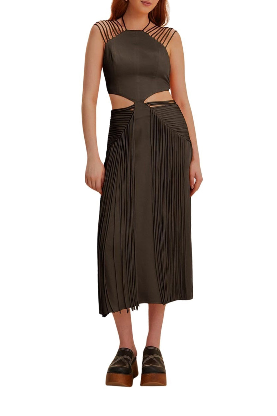 Robe midi sans manches à franges - Marron