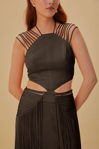Robe midi sans manches à franges - Marron