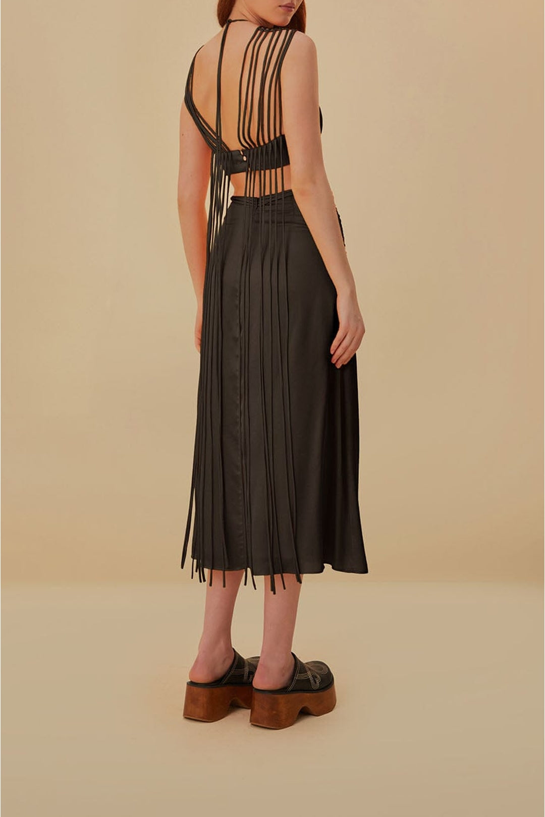 Robe midi sans manches à franges - Marron